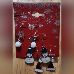 Holiday Motif 3 Pair Pierced Christmas Earrings Snowball, Hat, Snowman